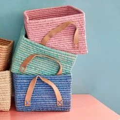 Rice by Rice Rectangle Raffia Basket In Pink