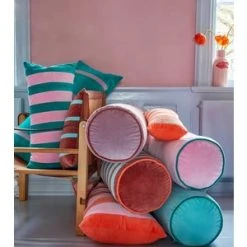 Rice by Rice Soft Velvet Bolster Pillow in Pink with Green Piping - Diametre 25, Width 60 cm
