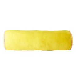 Rice by Rice Soft Velvet Bolster Pillow in Yellow with Pink Piping - Diametre 25, Width 80 cm