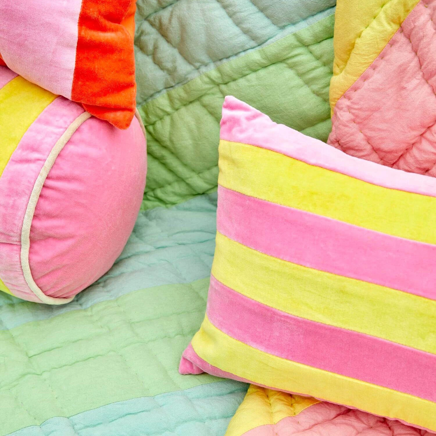 Rice by Rice Velvet Rectangular Pillow with Pink and Yellow Stripes - L60 x W30 cm 5 Rice by Rice Velvet Rectangular Pillow with Pink and Yellow Stripes - L60 x W30 cm